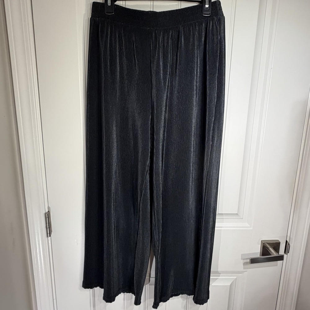 NY&Co Black Ribbed Pleated Palazzo Pants Stretch Pull On Size L